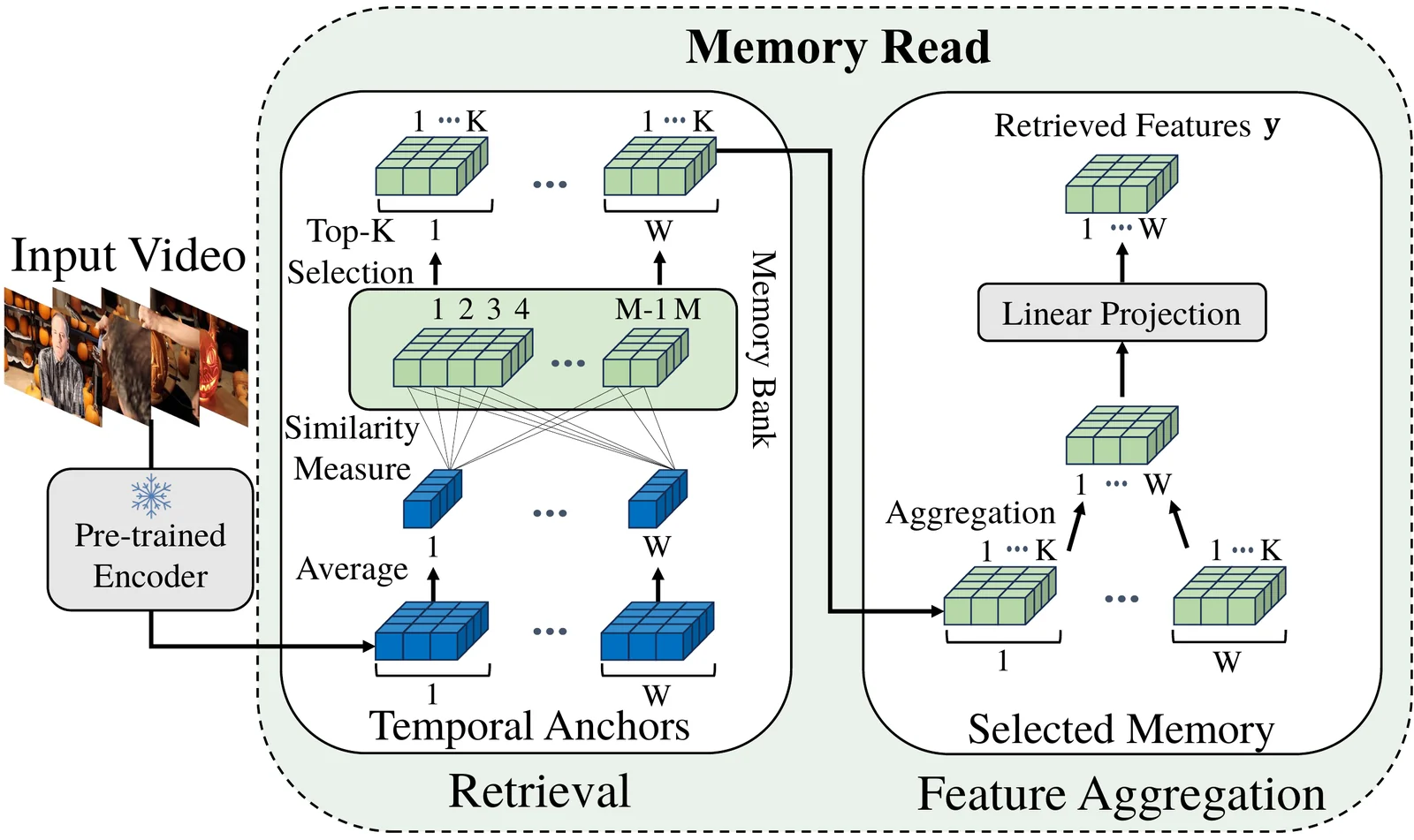 Memory read: retrieval with temporal anchors and feature aggregation.